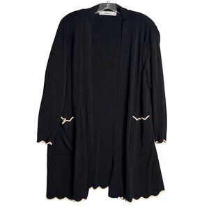 Zara‎ Knit Open Front Cardigan Women's M Black Travel Slinky Scallop Hemline